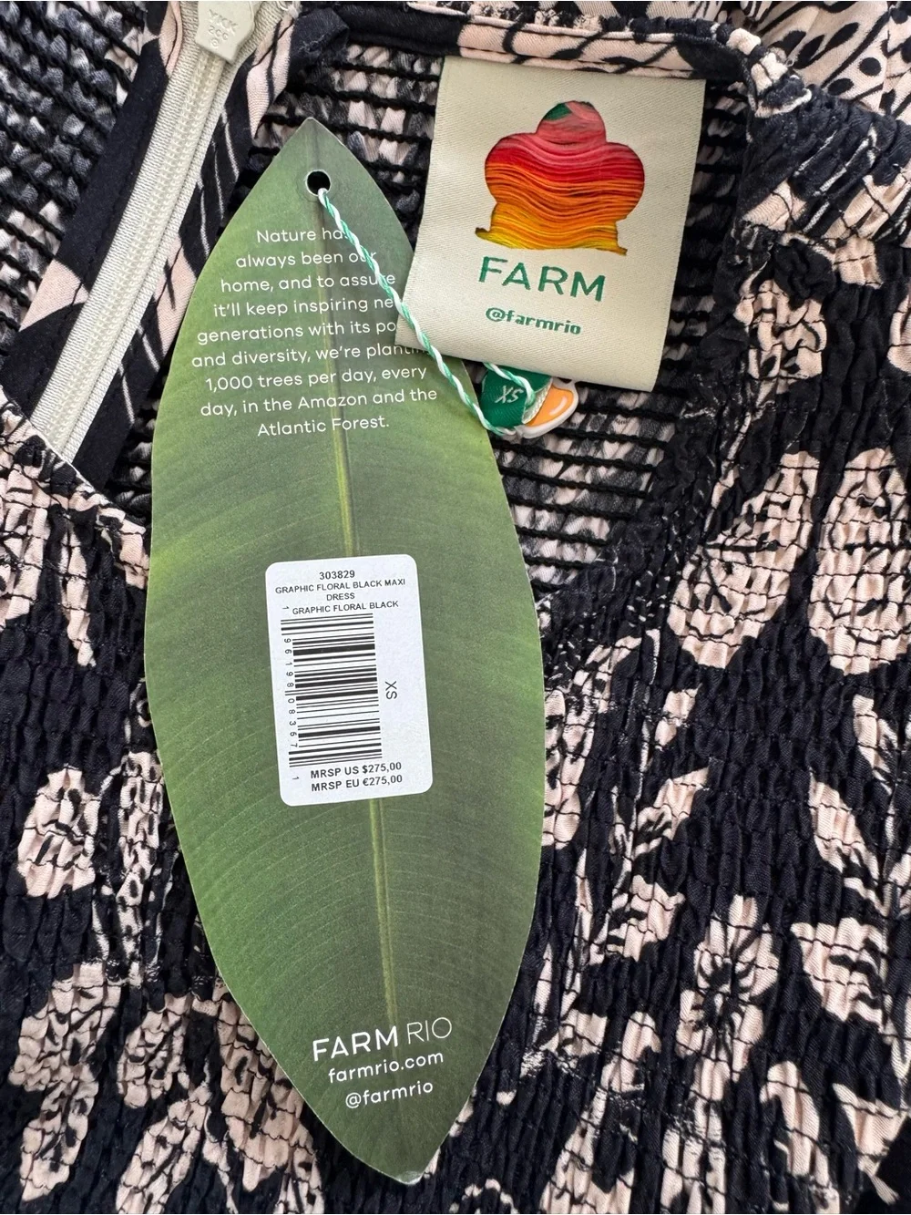 NWT FARM RIO GRAPHIC FLORAL DOVES SIGNATURE BLACK CREAM MAXI PRAIRIE DRESS SZ XS - Picture 12 of 13